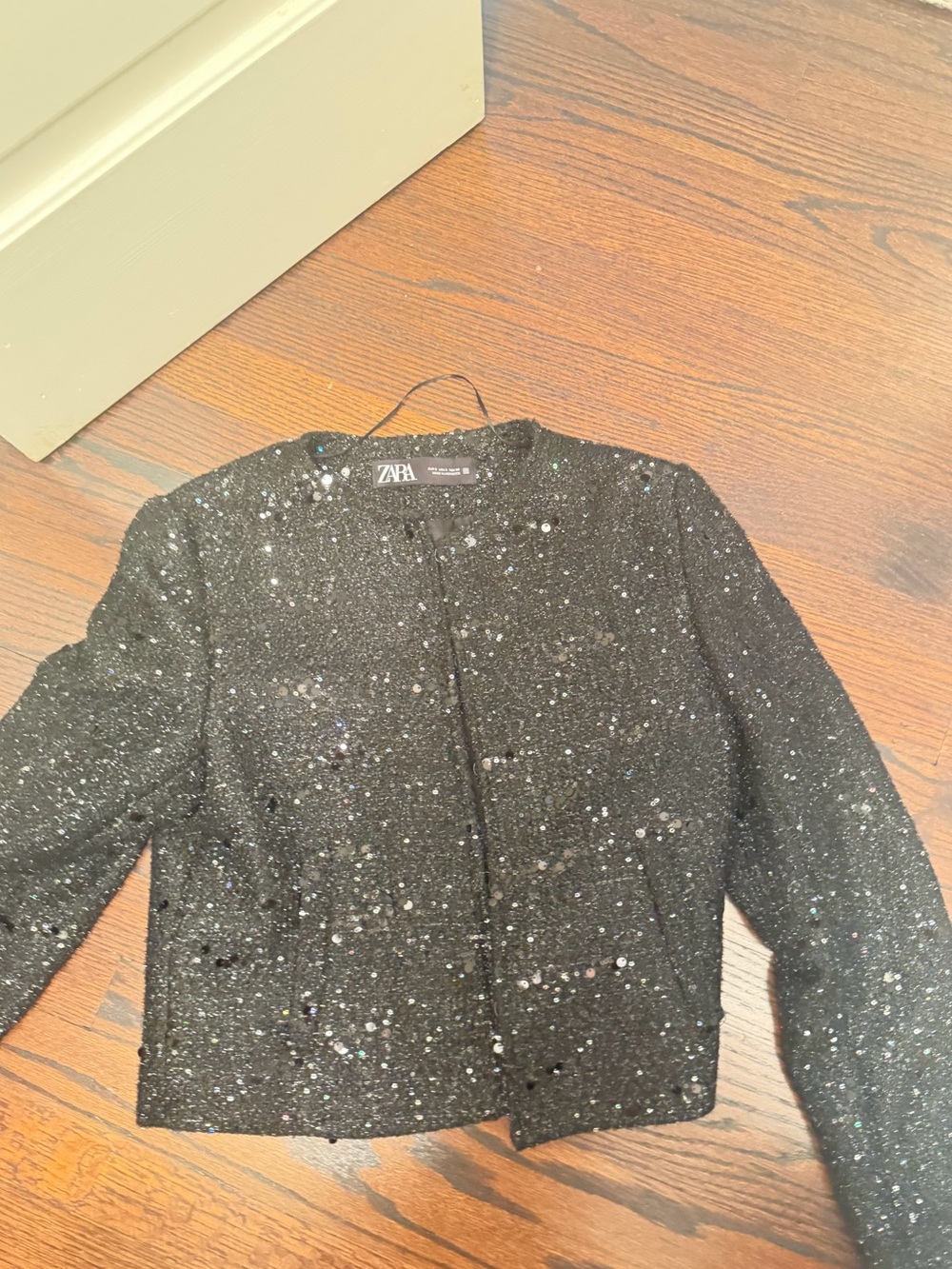 Zara Black Sequin Open-Front Jacket